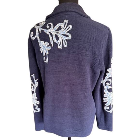 Chico’s 2 Navy Blue Embroidered Zip Jacket Textured Cotton Blend - Picture 4 of 7